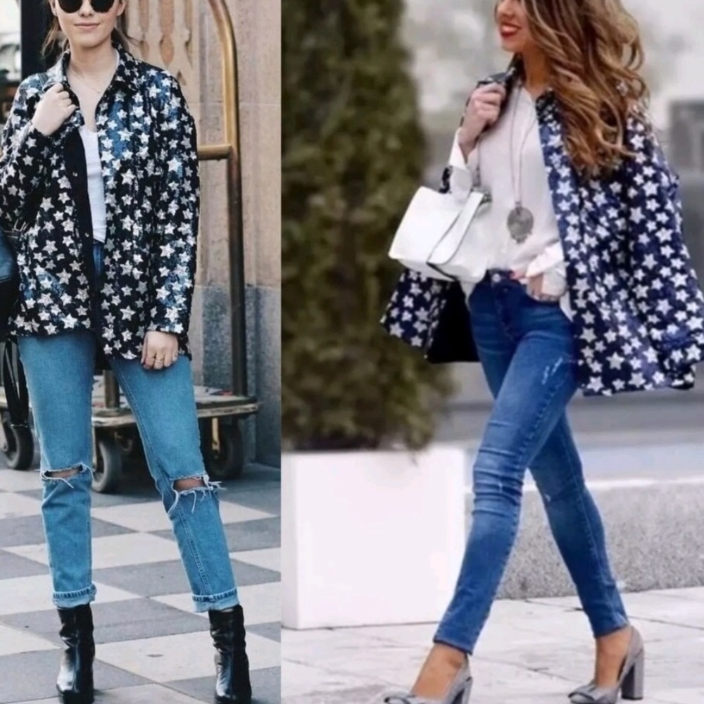 Zara blue sequin stars jacket blogger favorite XS